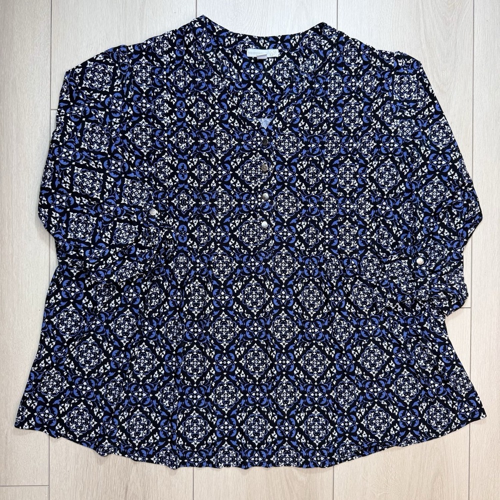 Westport 1962 Womens 3X Blue Floral Henley Blouse Roll Tab Sleeve Plus Top EUC